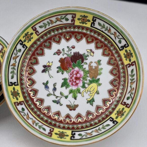 Chinese Porcelain Soup Salad Bowls Floral Butterfly Heart Design Gold Trim 5.5" - Picture 2 of 9